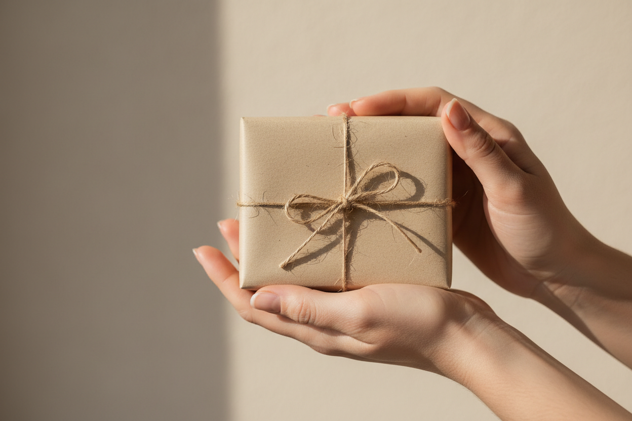 Minimalist lifestyle photo, hands holding a small beige kraft package wrapped with natural twine, soft daylight, neutral background, elegant and premium aesthetic, calm atmosphere, high-end brand feeling, no text, no logo, realistic photography
